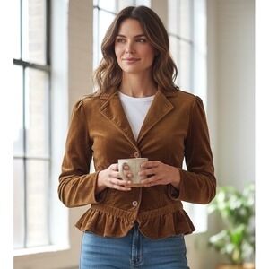 VTG Jimmyz Surf Co Women Jacket M Brown Gold Velvet Ruffle Peplum Blazer 90s Y2K